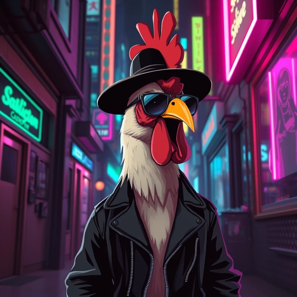 Cyberpunk Chicken in Retro-Futuristic Cityscape
