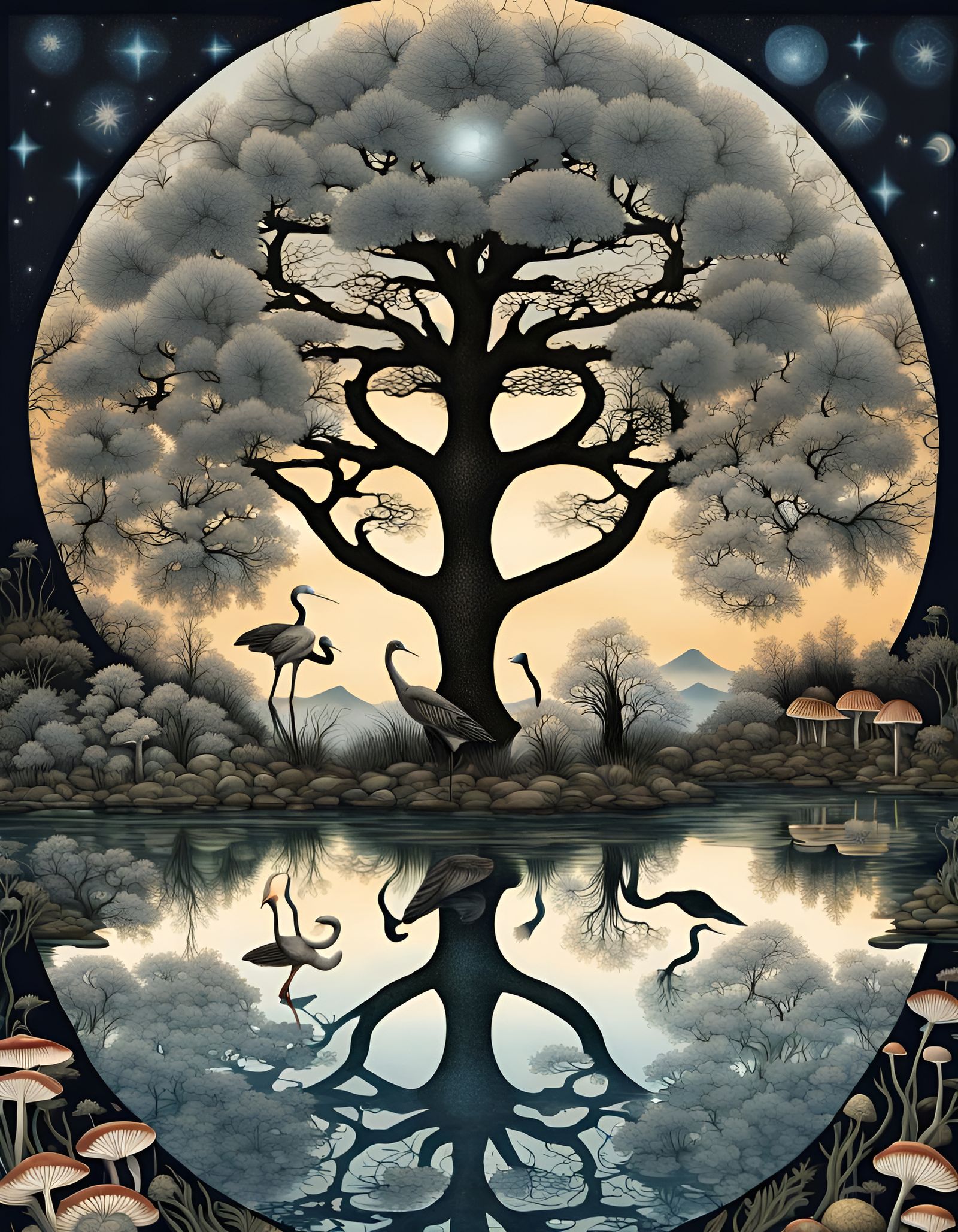 Cosmic Tree of Life with Cranes at Night