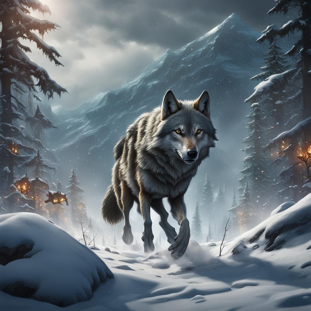 Wolf on the Hunt in Snowy Landscape