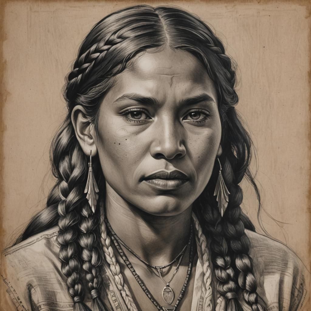 Native American Woman: Charcoal Drawing in Art Deco Style