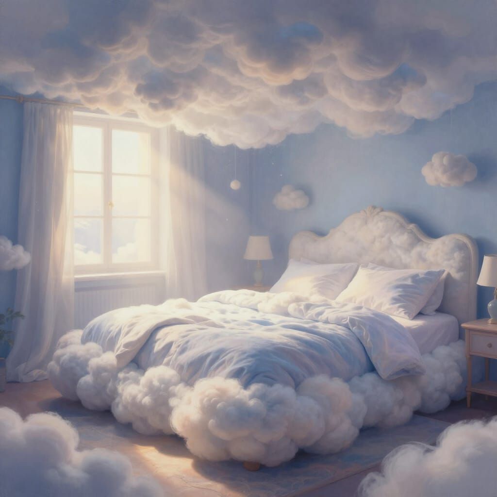 Surrealist Digital Painting of a Gigantic Cloud Bed