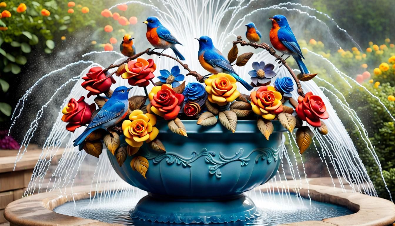 Metal Roses in Misting Fountain, Candy Art Style