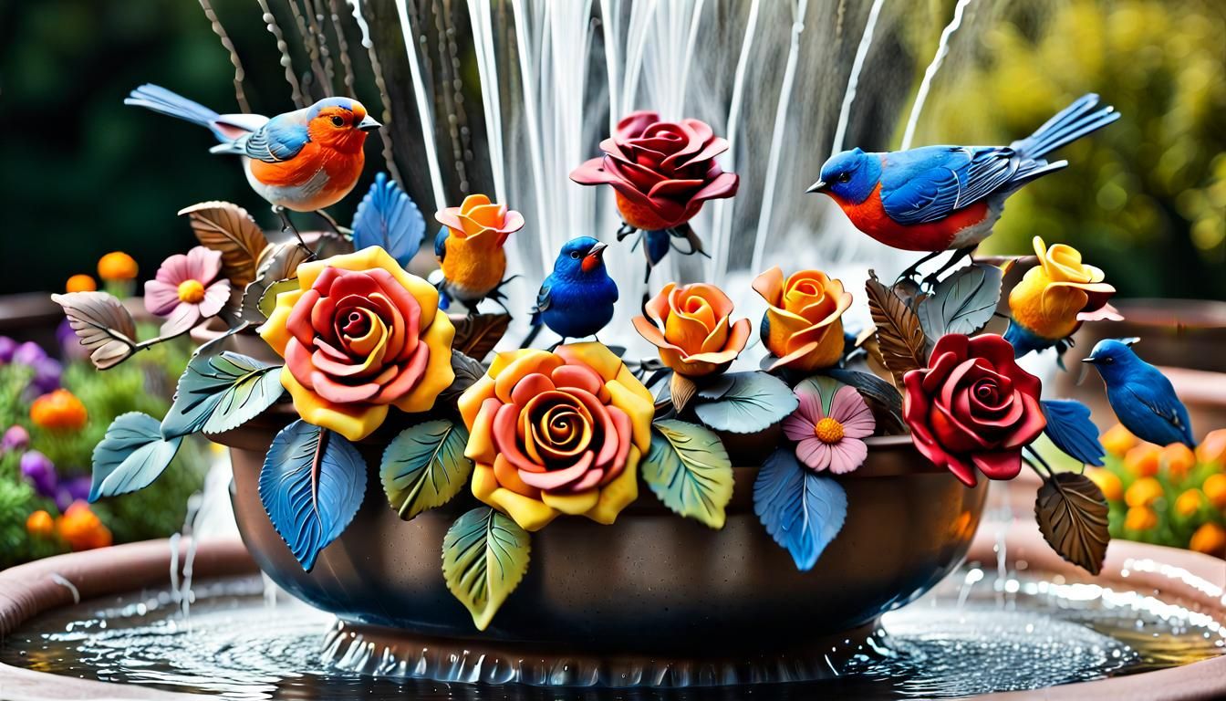 Metal Roses and Birds at a Fountain, Candy Art Style
