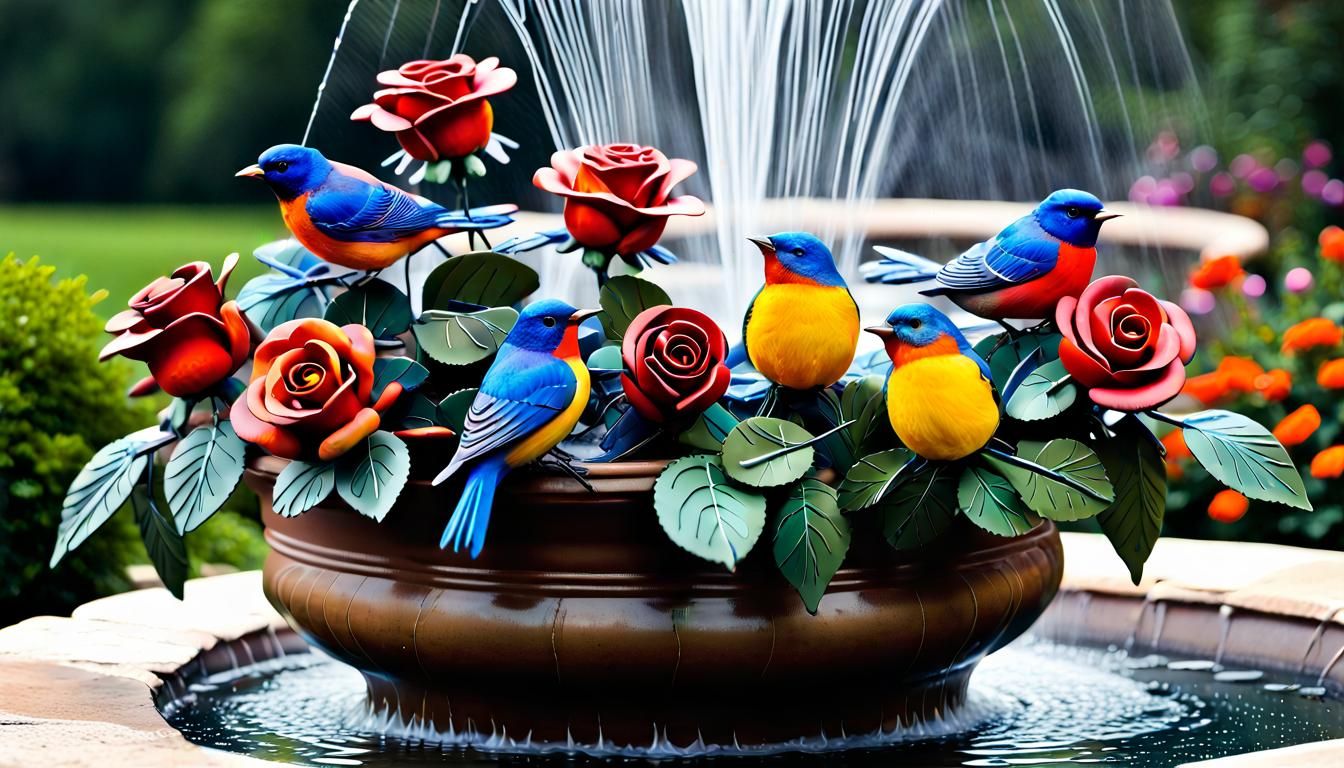 Metal Roses in Misting Fountain, Hyperrealistic Candy Art