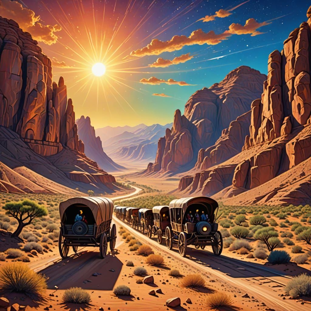 Wagon Train in Desert Mountains, Astral Illustration