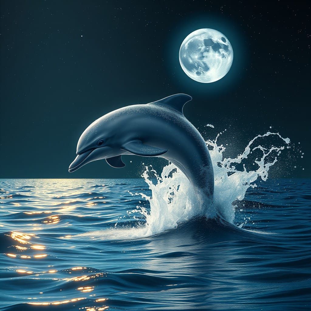 Dolphin Emerges from Ocean in Starry Night Sky