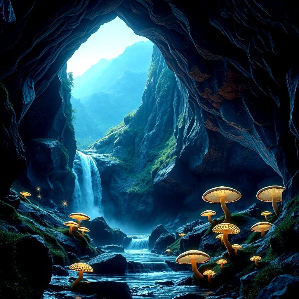 Secret Cave Behind Waterfall with Bioluminescent Fungi