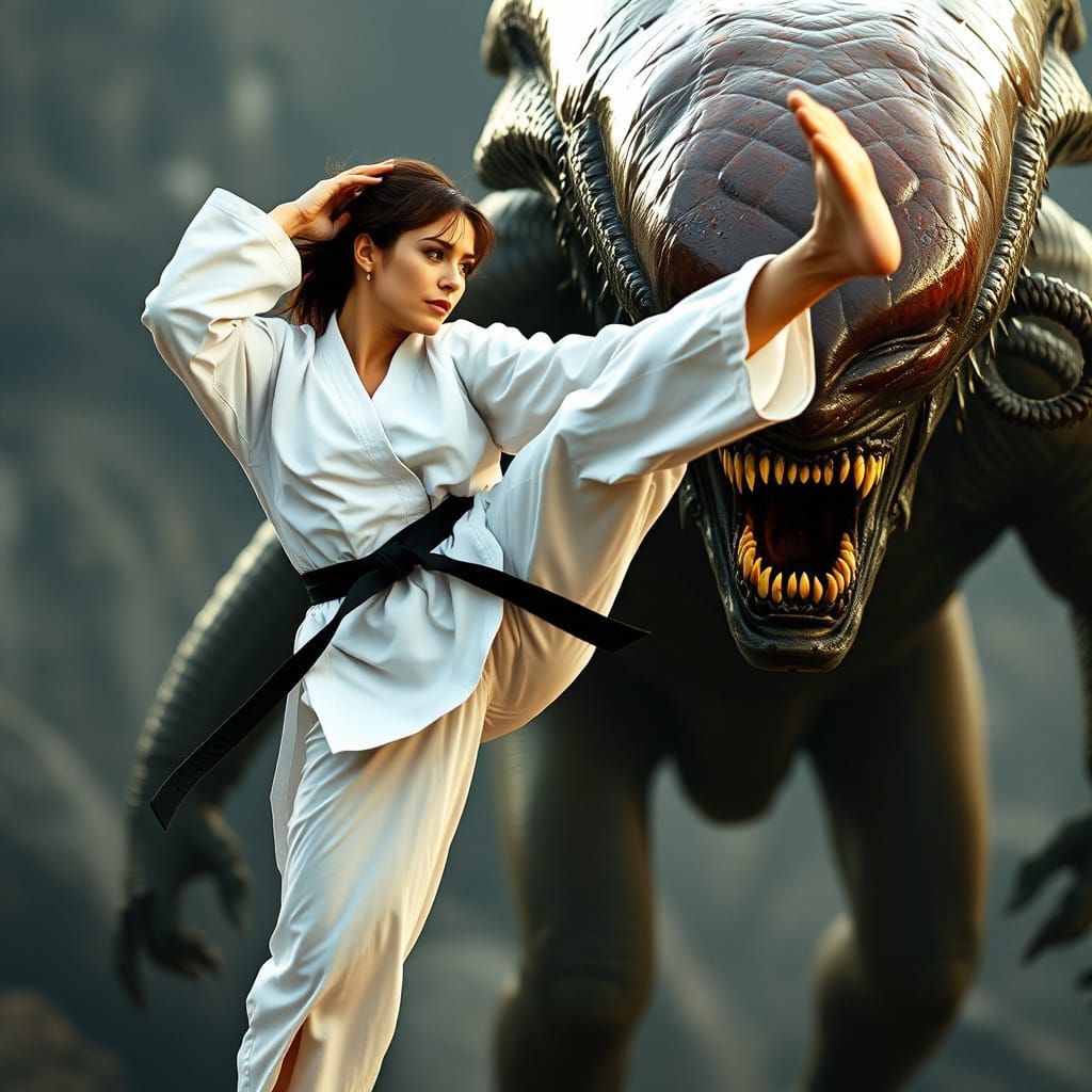 Woman Karate Expert Kicks Alien in Gritty Film Style