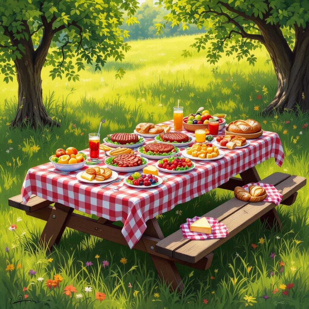 Hyperrealistic Picnic Table Overflowing with Food