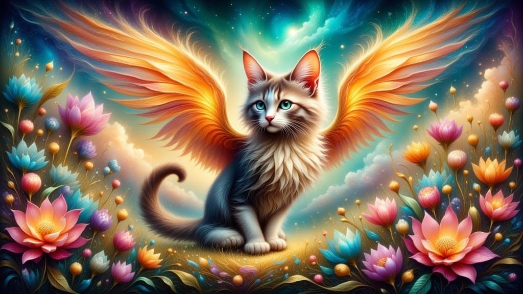 Whimsical Catlike Creature Soars Through a Magical Galaxy La...