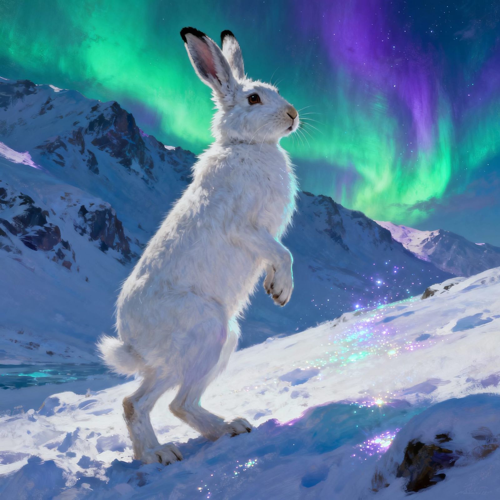 Arctic Hare in Aurora Borealis Light on Snowy Mountain