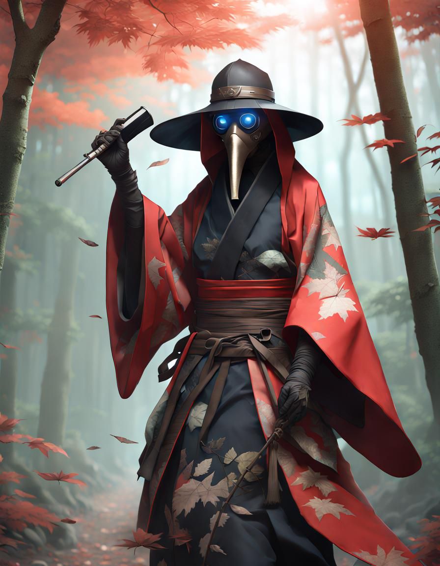 Samurai Plague Doctor in Forest, Digital Art