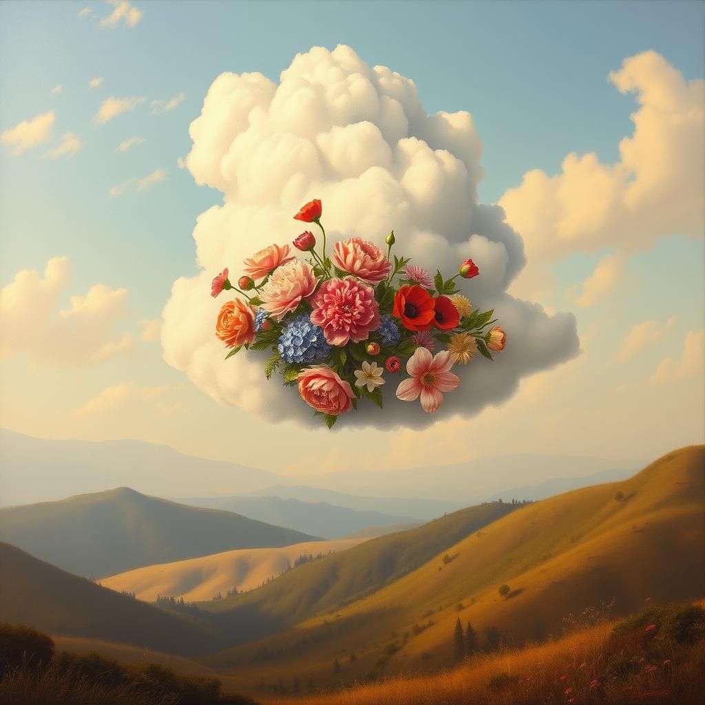 Floating Flower Cloud Over Valley, as Oil Painting