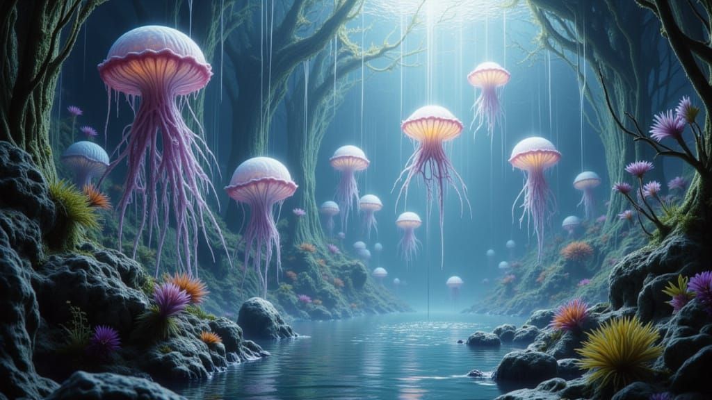 Ethereal Dream Aquarium with Floating Fish and Cosmic Horror