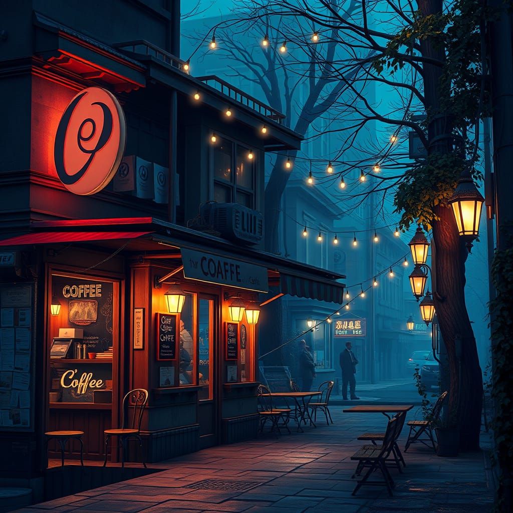 Fantastical Nighttime Coffee Shop in Vibrant Colors