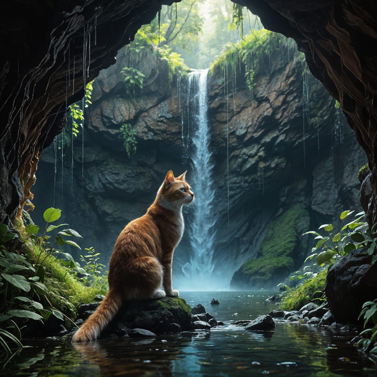 Calico Cat in Surreal Waterfall Cave