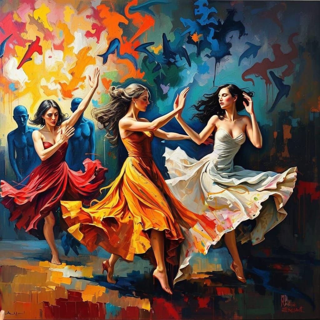 Dancing Figures in Ecstasy and Anguish, Impasto Oil Painting