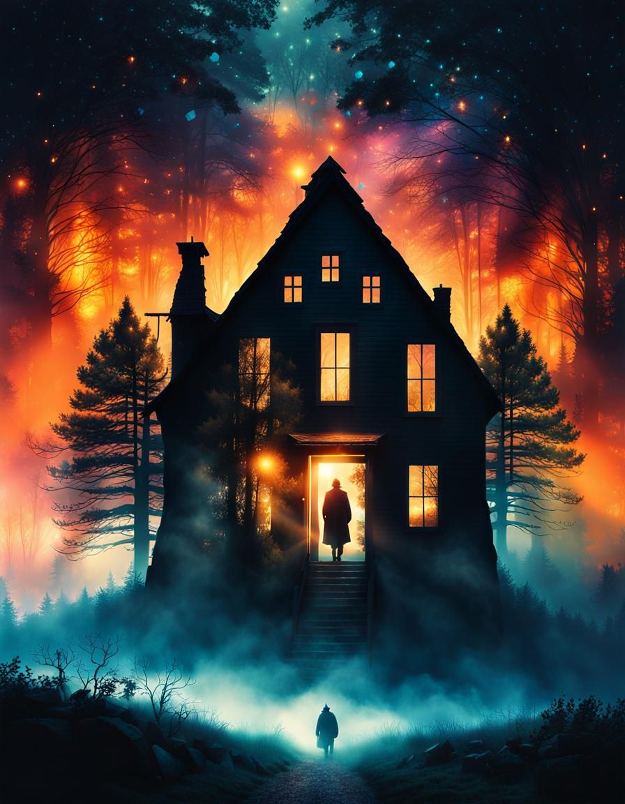 Haunted Village Double Exposure with Foggy Forest