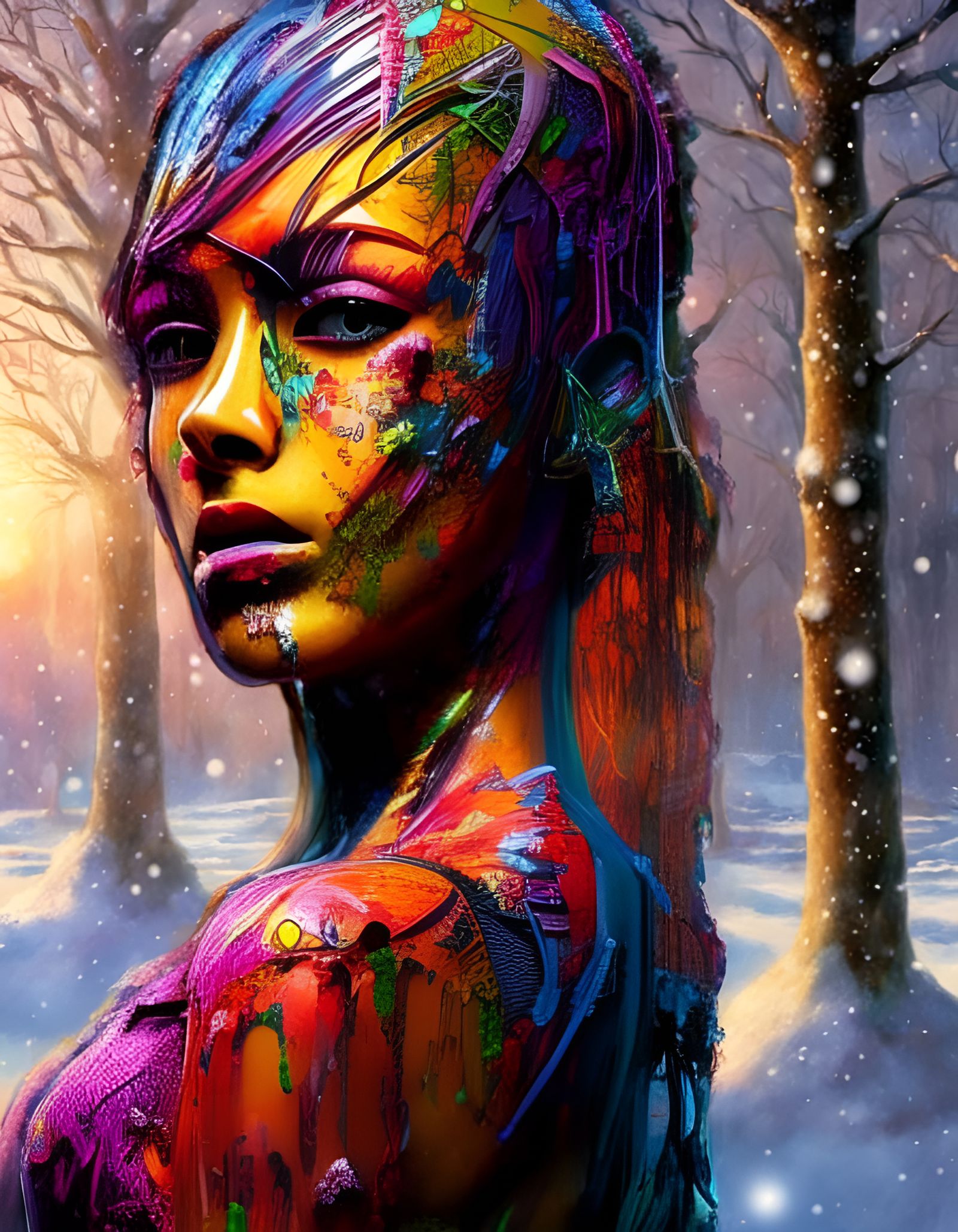 Ethereal Snowy Sunrise Fantasy Art in Art Nouveau Style