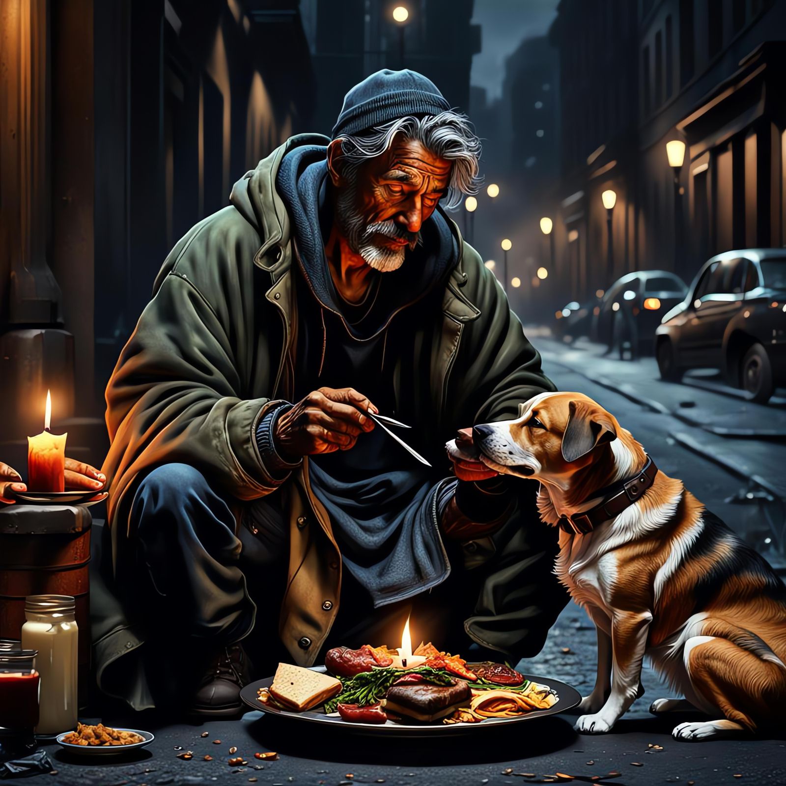 Homeless Man's Candlelit Dinner: Photorealistic Art