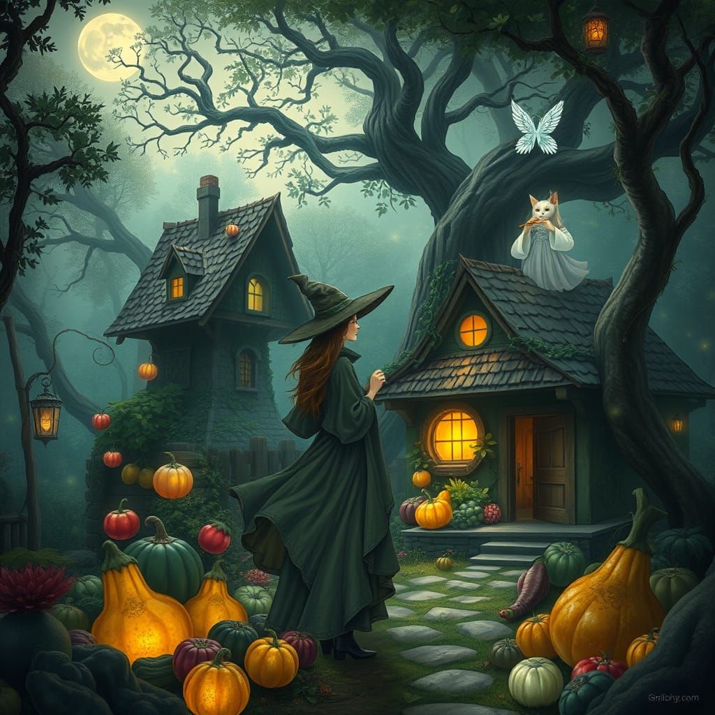 Whimsical Woman in Enchanted Forest with Magical Foods and C...