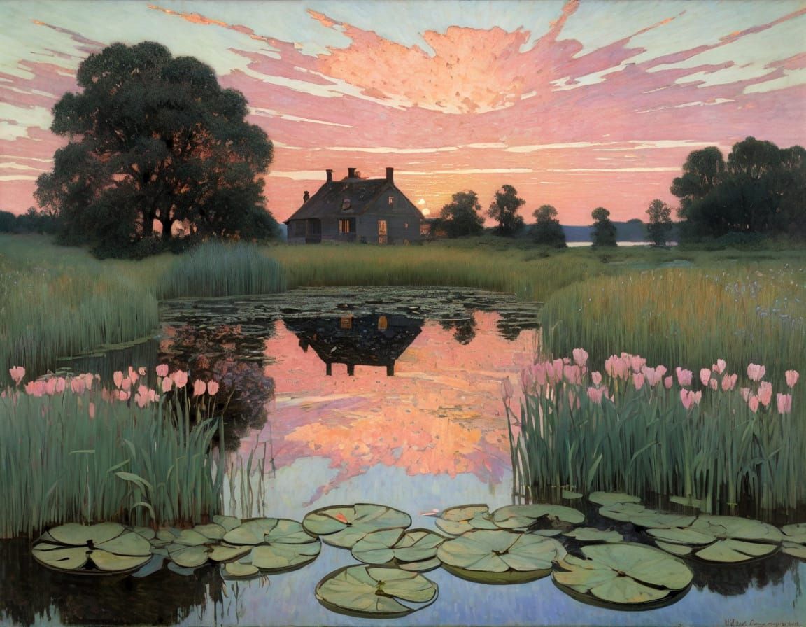 Surreal Pastel Sunset on a Serene Lily Pond