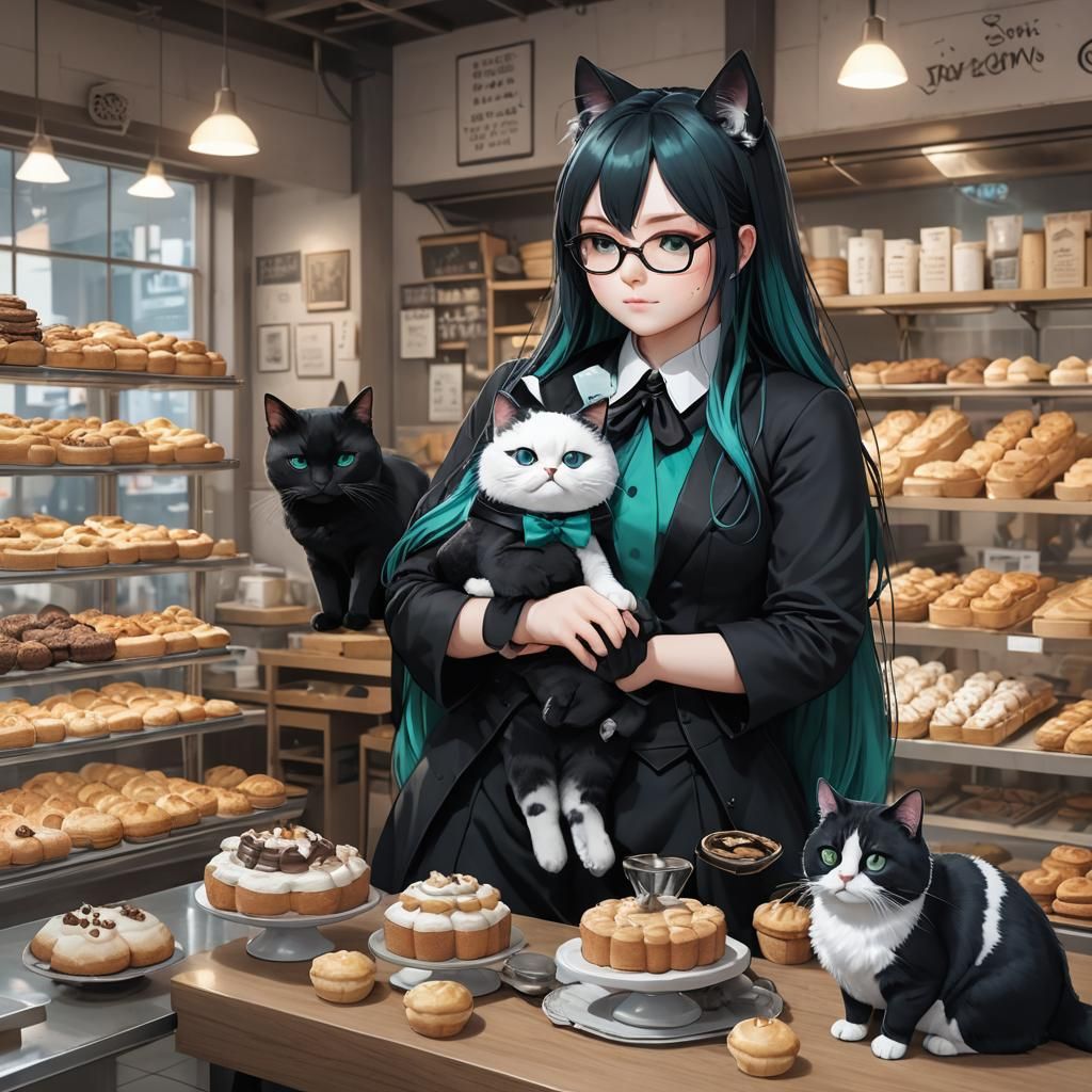 Gothic Girl with Cat in Bakery: 3D Anime Art