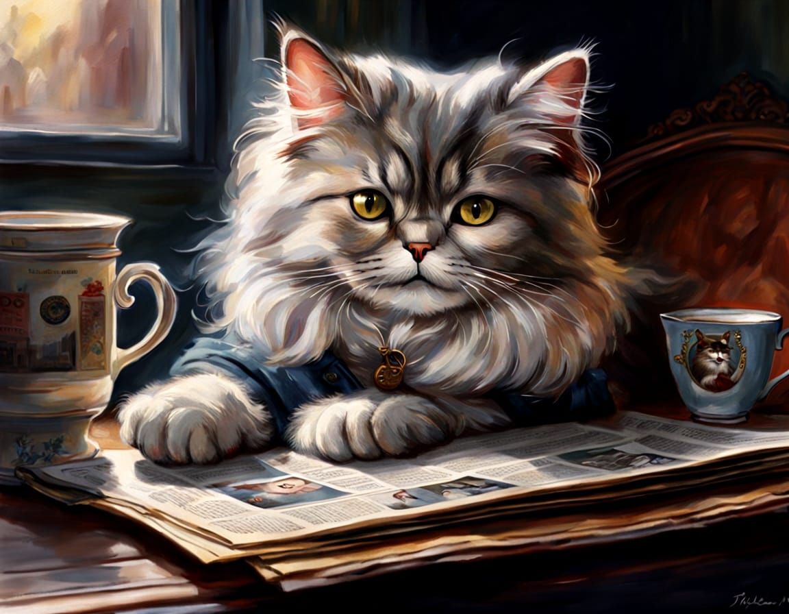 Boomer Cat Reads Newspaper in Cozy Room