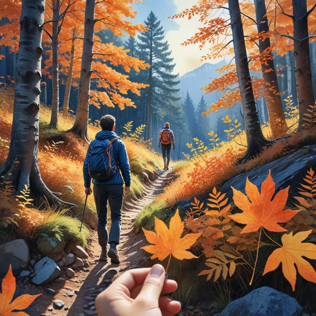 Vibrant Watercolor Postcard of Hiker in Orange Forest