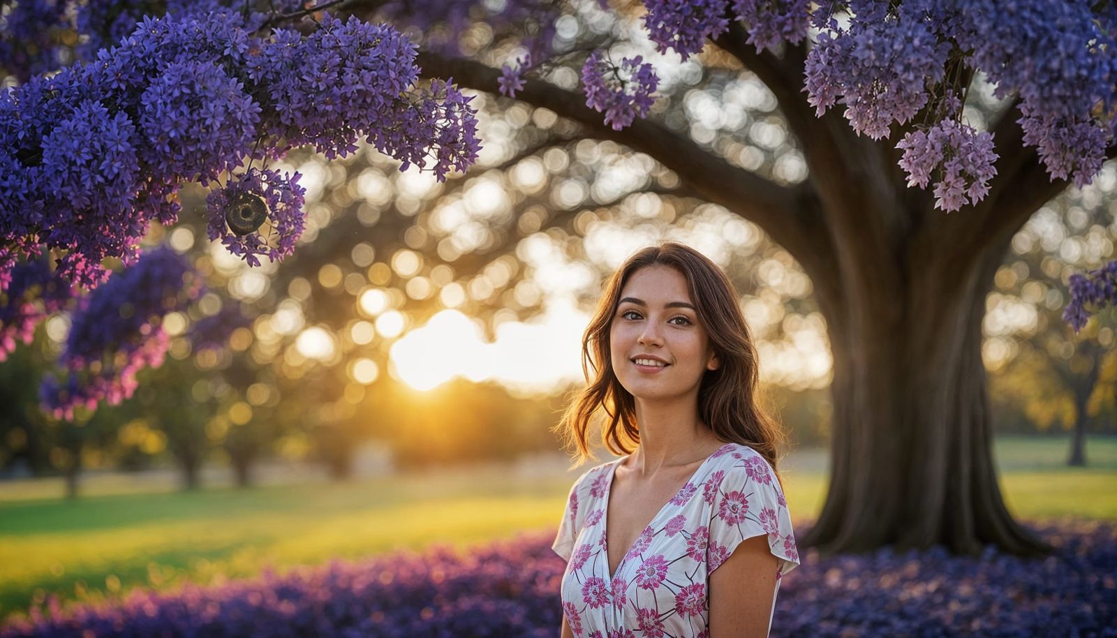 Smiling Woman Under Blooming Jacaranda Tree at Golden Hour