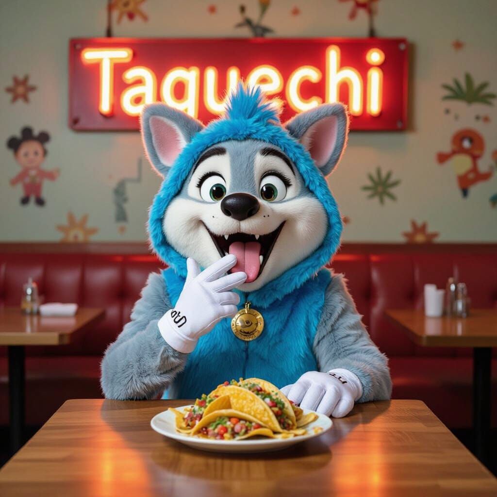 Disney-Style Wolf in Overalls Craving Tacos