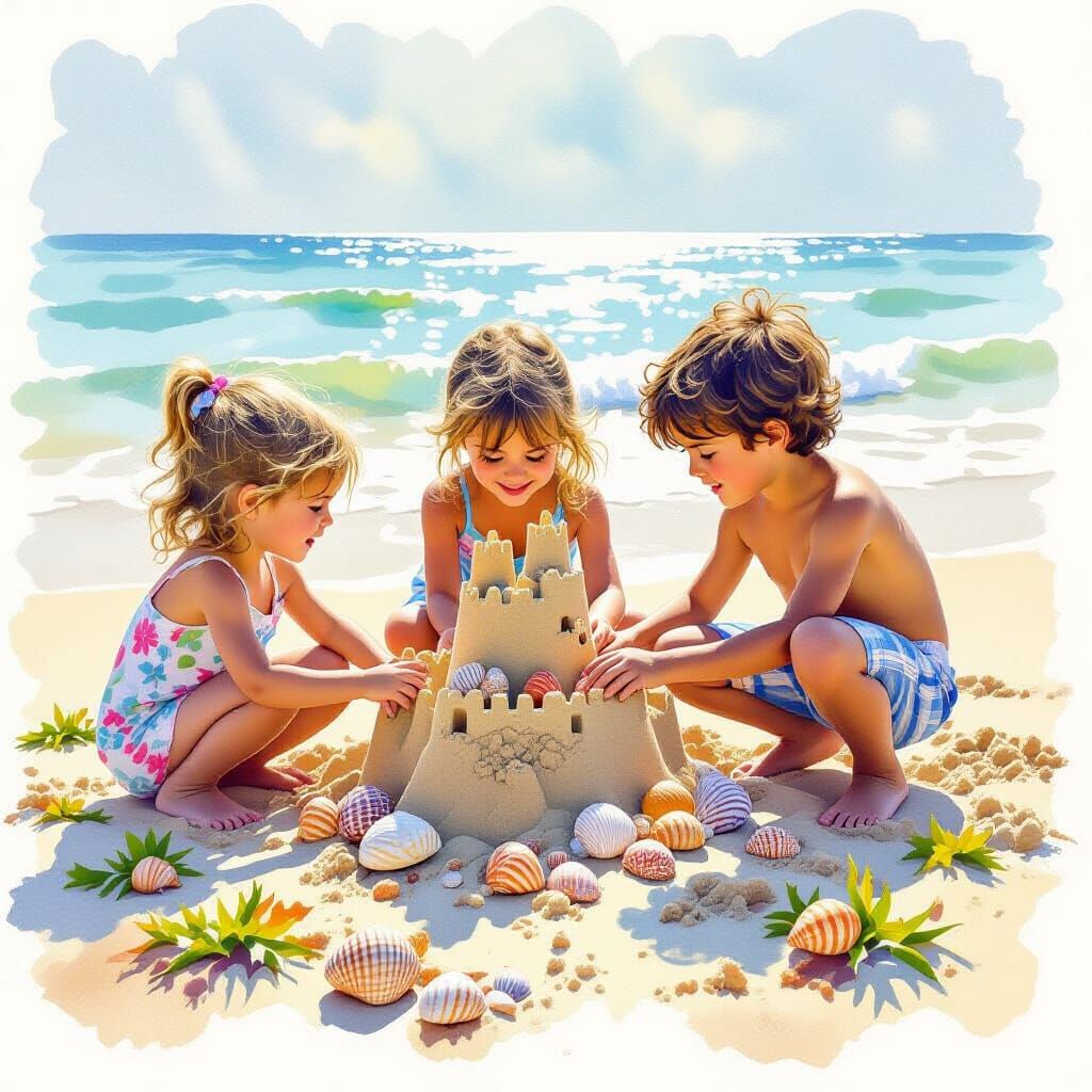 Children Build Sandcastle on Beach in Watercolor Style