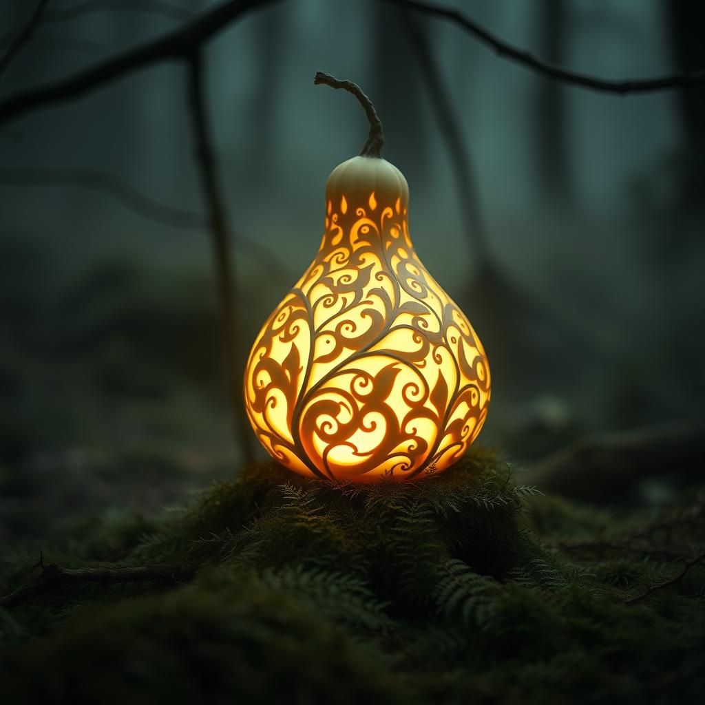Luminous Gourd Carved with Organic Filigree in Dreamlike For...