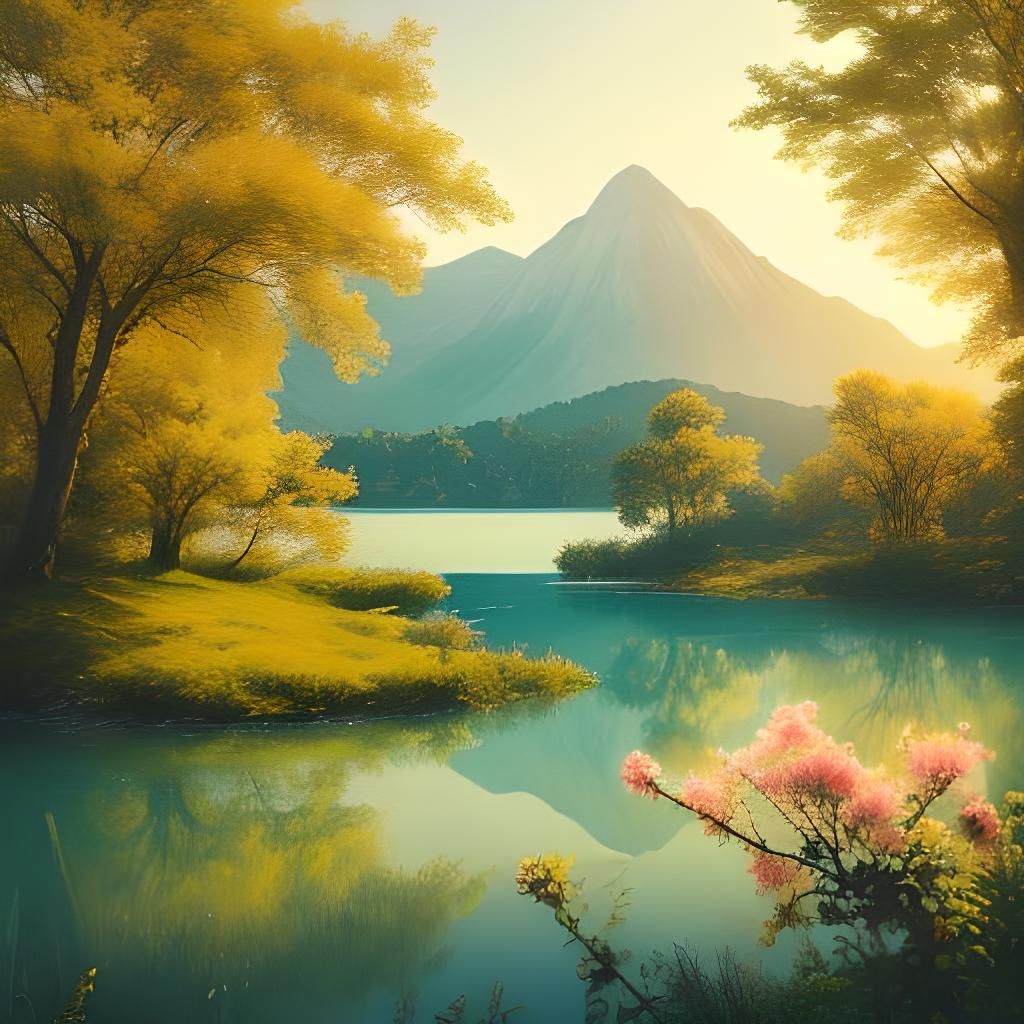 Sunlit Lake Landscape in Photorealistic Style