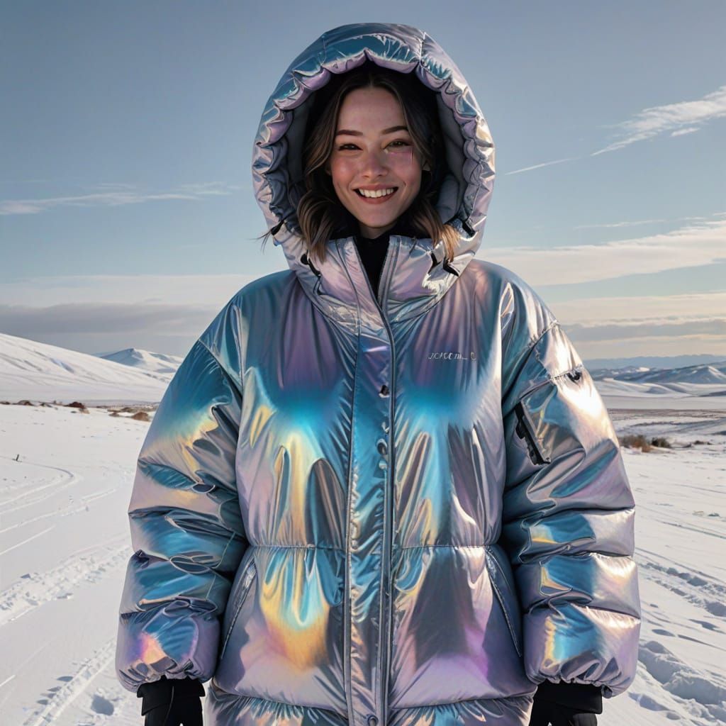 Woman in Oversized Iridescent Downsuit on Snowy Landscape