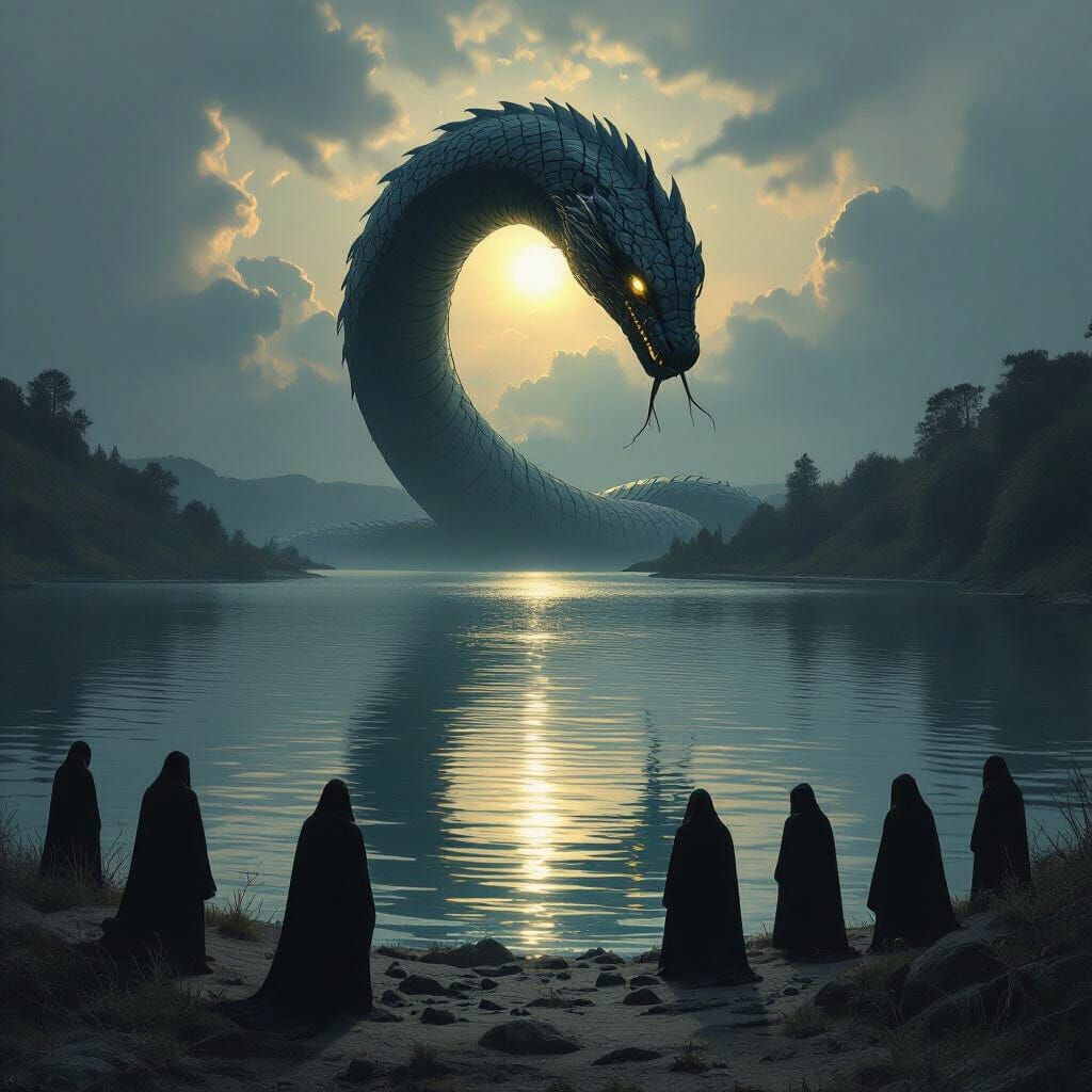 Mysterious Lake with Serpent and Dark Figures