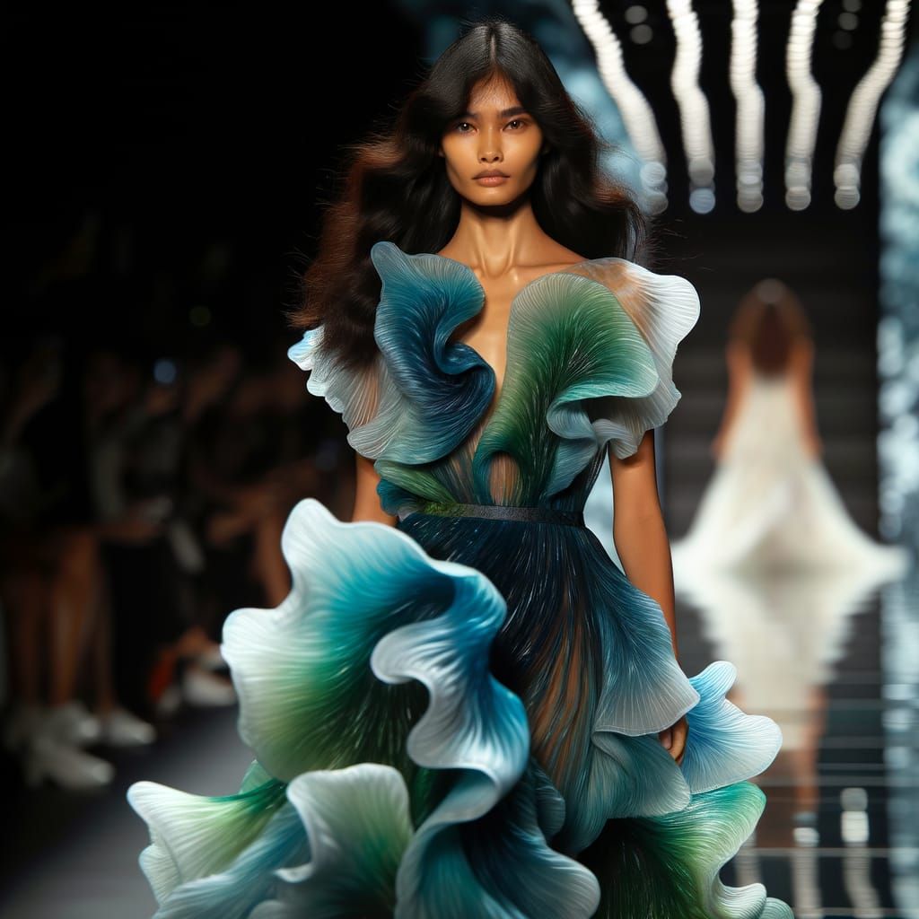 Ethereal Runway Goddess in Ocean-Inspired Biofabric