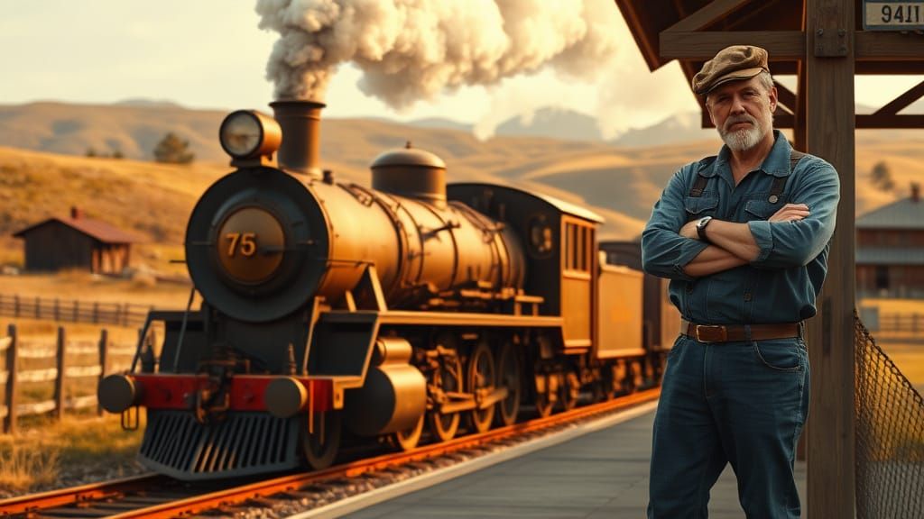 Rustic Train Station Scene in Folk Art Style