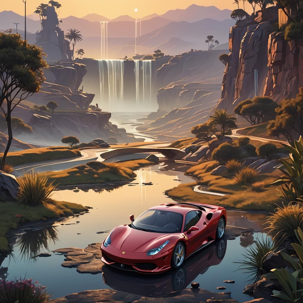 Ferrari 360 Surreal digital art. Medium shot. A sleek modern...