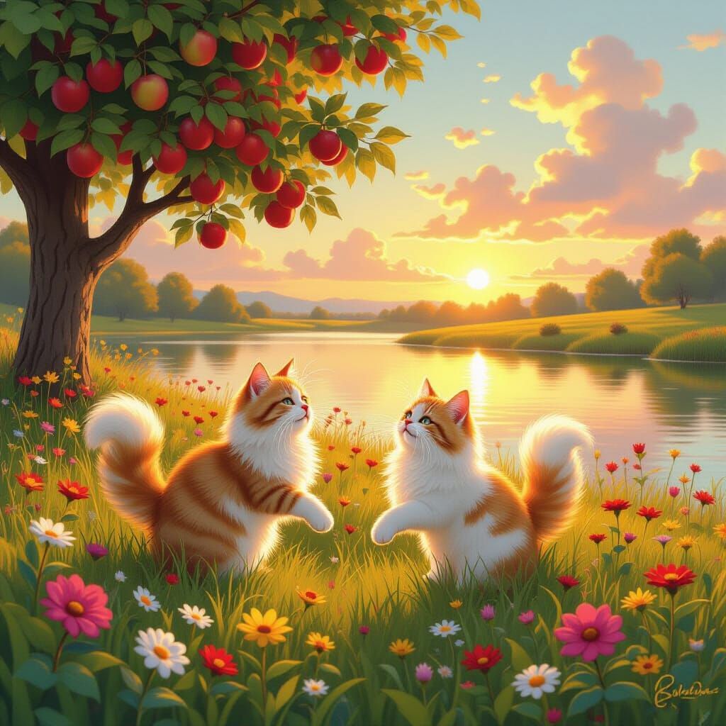 Two Cats Play in Sunset Meadow by Serene Lake