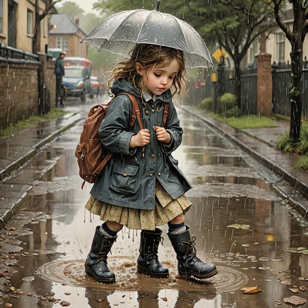 Child in Boots Plays in Rainy Puddle