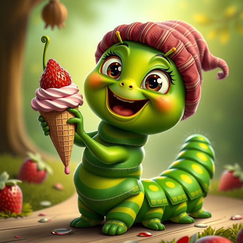 Cartoon Caterpillar's Strawberry Ice Cream Adventure