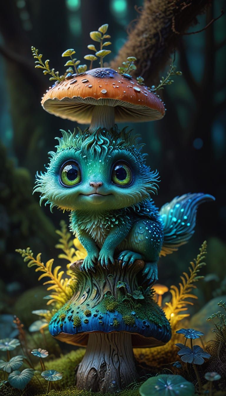Whimsical Forest Creature on Mushroom in Airbrush Style