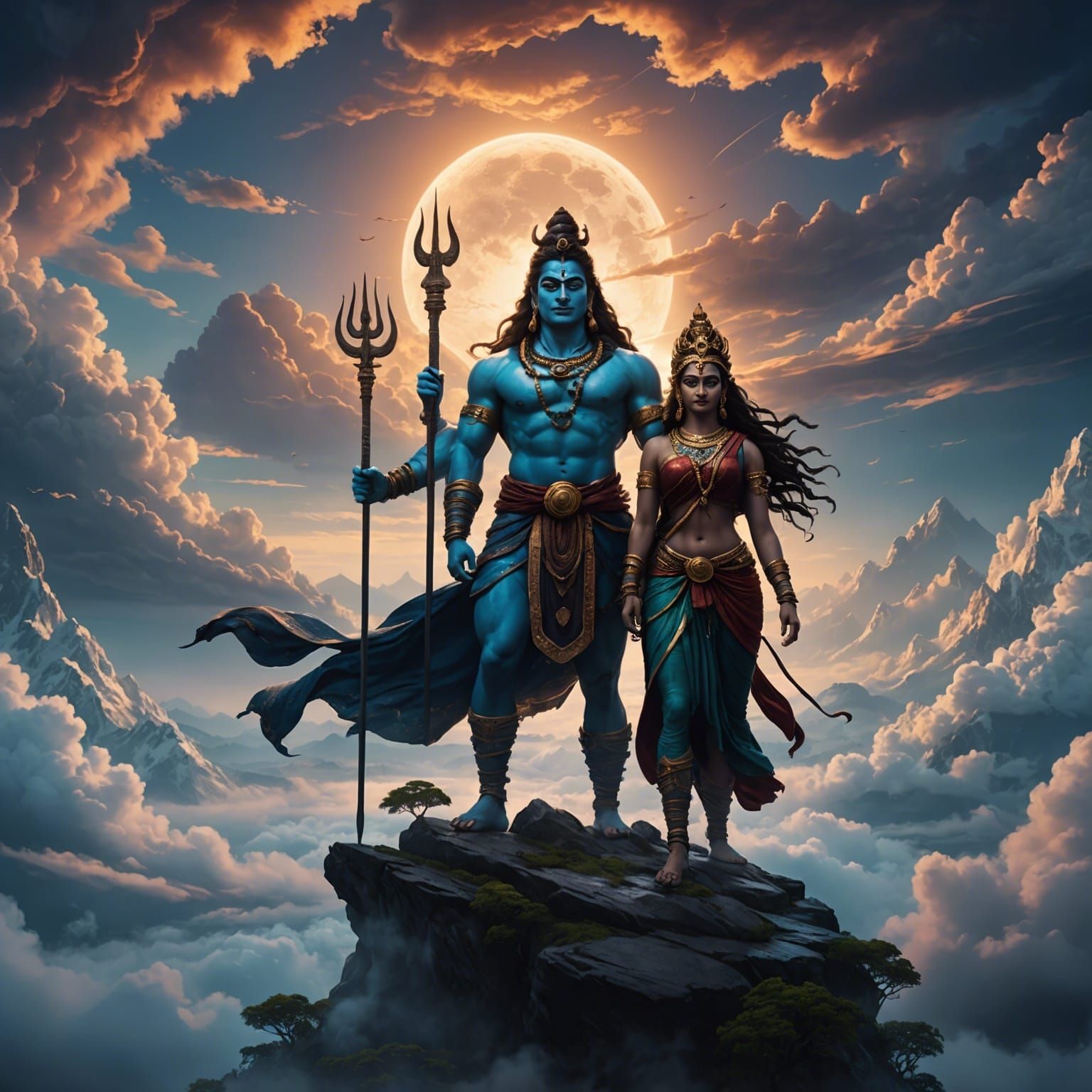 Shiva and Parvati in Clouds: Detailed Matte Painting