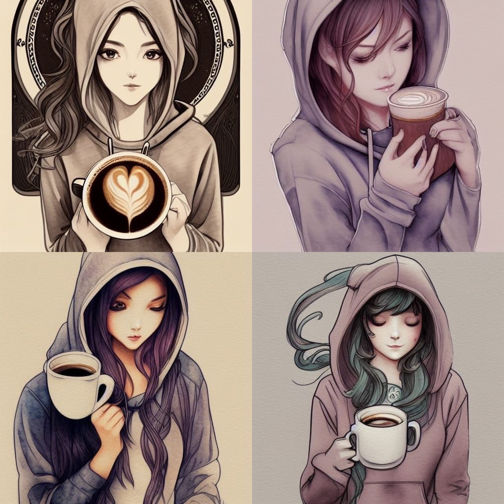 Girl with Coffee: Art Nouveau Anime Watercolor Sketch