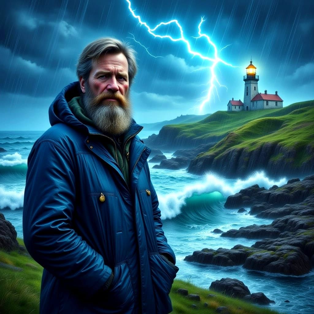 Hyperrealistic Irish Lighthouse Keeper in Stormy Afternoon