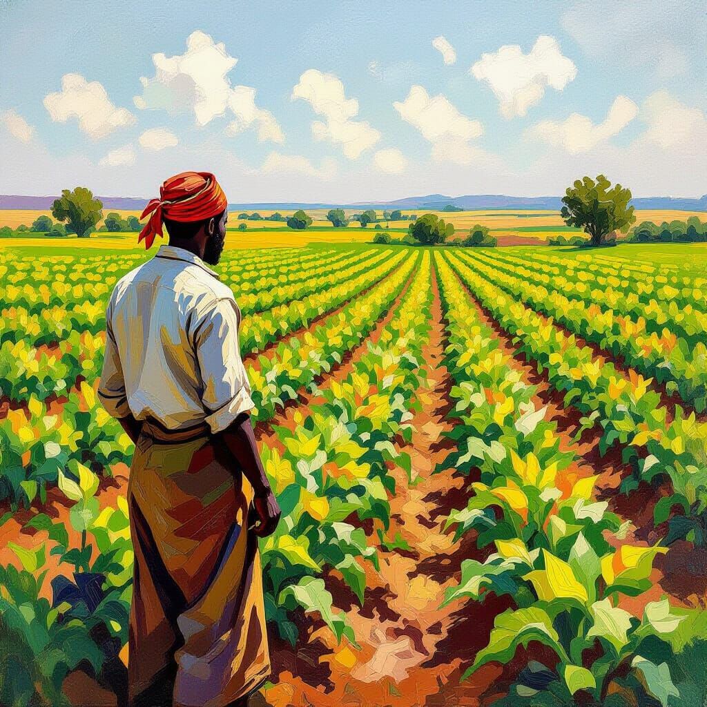 Lush Sahel Oasis: Neo-Impressionist African Farmer