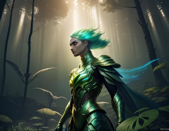 Female Amphibioid in Bioluminescent Forest: 3D Game Art