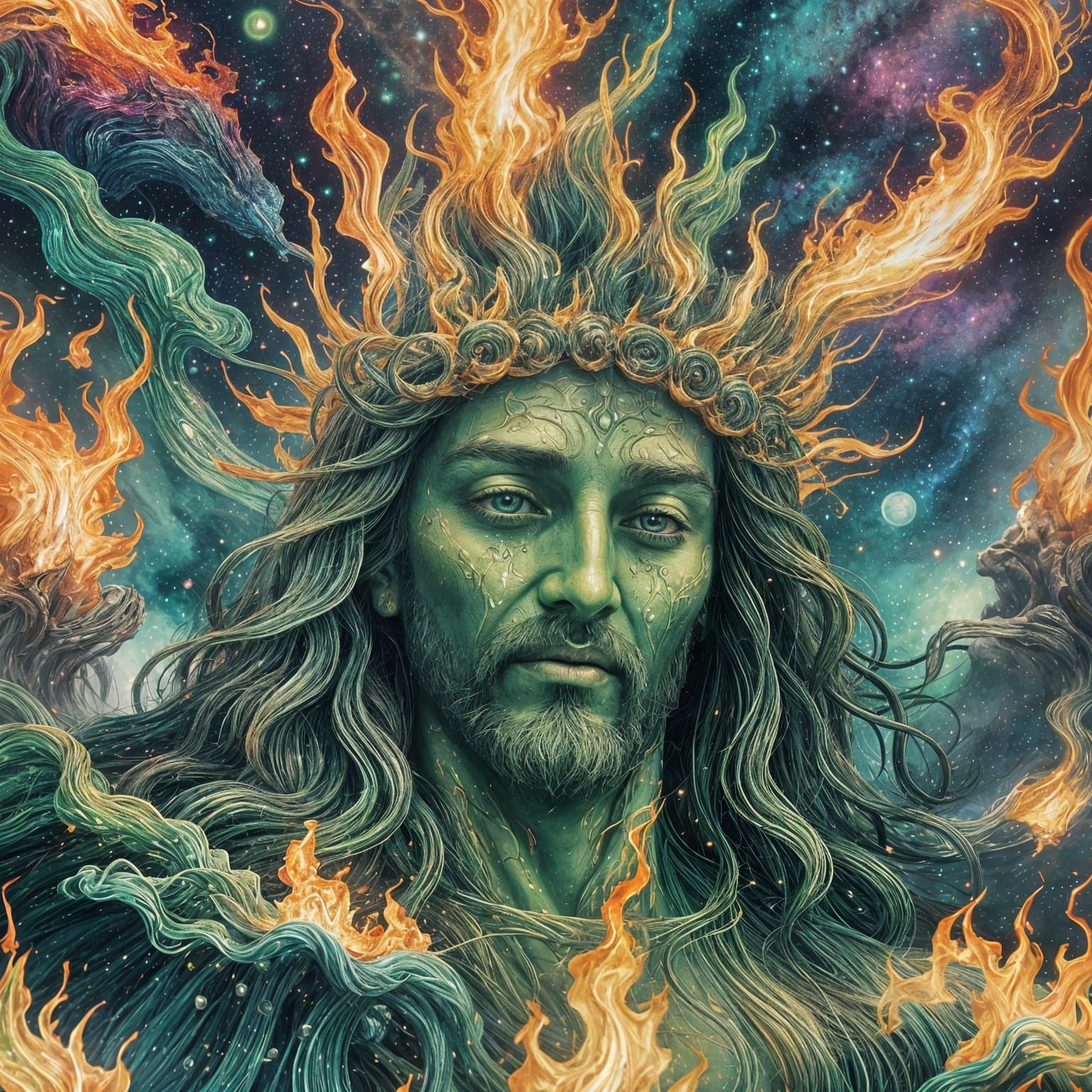 Psychedelic Christ Burning in Deep Ocean Fire