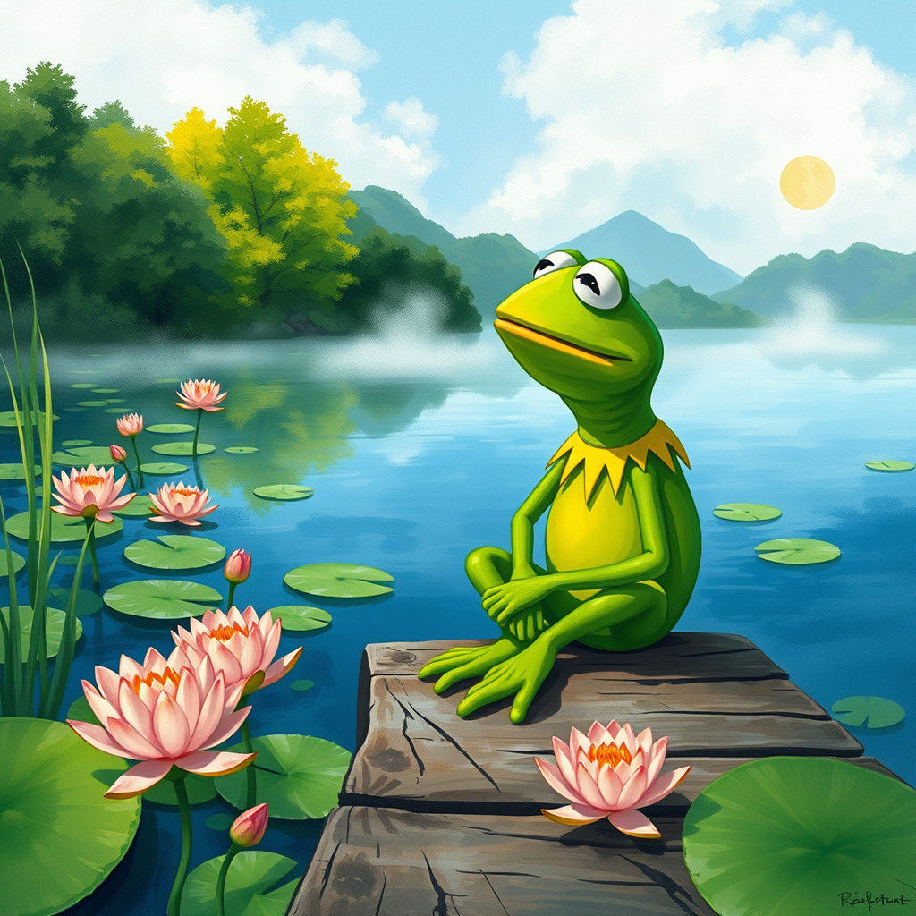 Kermit the Frog in Serene Lakeside Manga Style